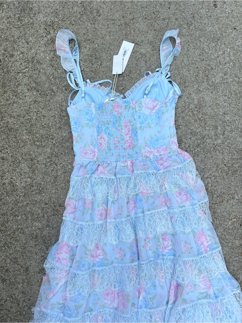NWT Altar’d State Rhiannon Blue Pink Floral Lace Tiered Maxi Dress Small - Picture 8 of 9